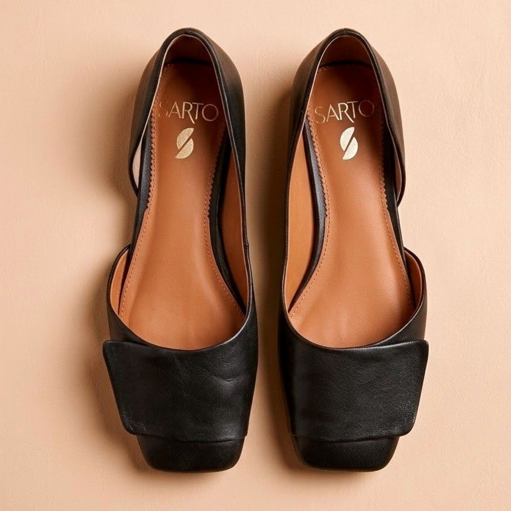 Sarto Franco Sarto Minimalist Black Leather Square Toe dOrsay Flats Womens 6.5M